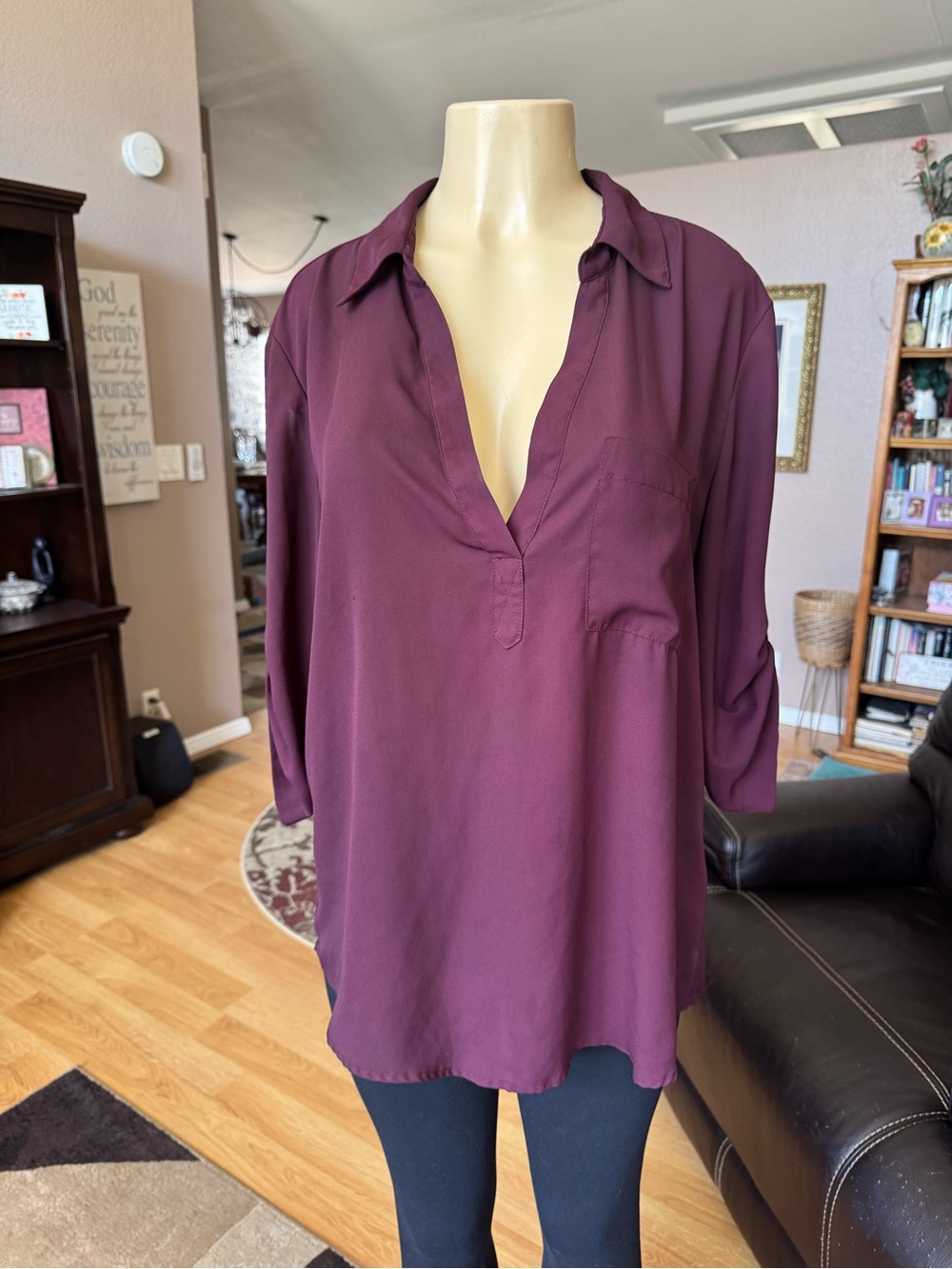 New York & Company plum V-neck 3/4 roll tab sleeves blouse-size XL